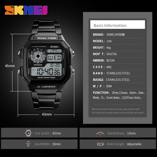 SKMEI 1335 Business Men Watches Waterproof Sport Watch Stainless Steel Digital Wristwatches Clock Relogio Masculino Erkek Kol Saati