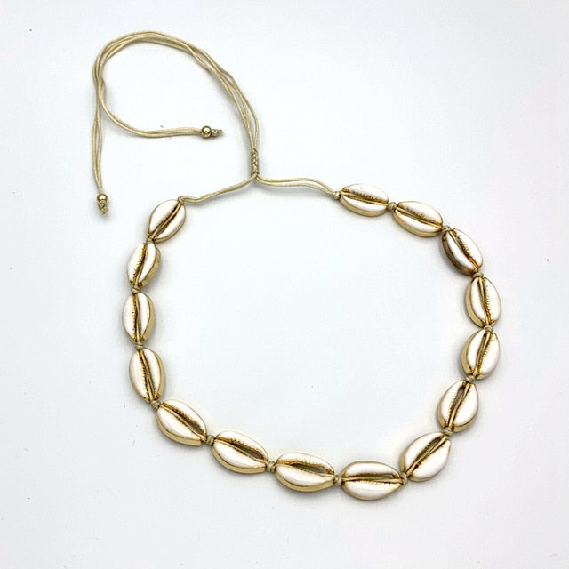 Natural shell gold cowrie necklace and bracelet set – bohemian, feminine elegance for every occasion