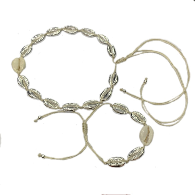 Natural shell gold cowrie necklace and bracelet set – bohemian, feminine elegance for every occasion