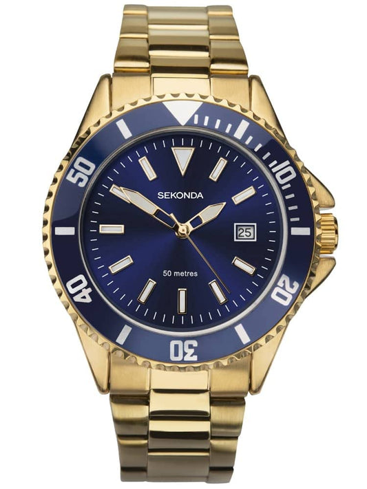 Sekonda Mens Blue Dial Analogue Display and Gold Plated Bracelet Watch 1516