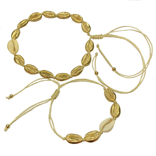 Natural shell gold cowrie necklace and bracelet set – bohemian, feminine elegance for every occasion