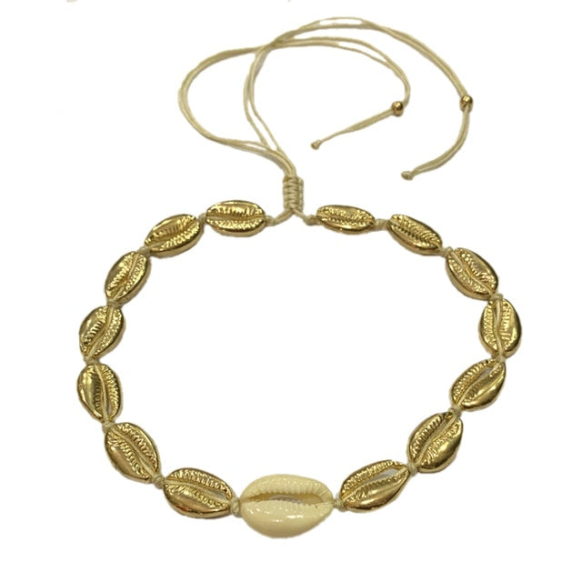 Natural shell gold cowrie necklace and bracelet set – bohemian, feminine elegance for every occasion