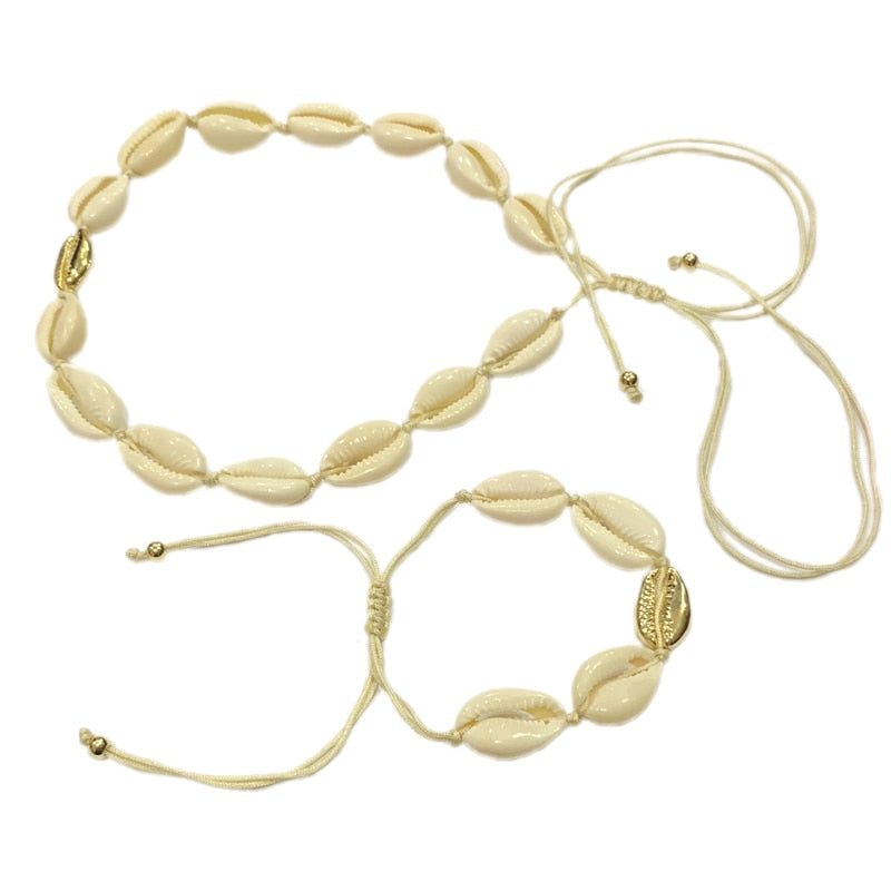 Natural shell gold cowrie necklace and bracelet set – bohemian, feminine elegance for every occasion
