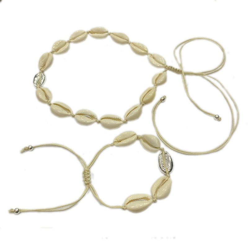 Natural shell gold cowrie necklace and bracelet set – bohemian, feminine elegance for every occasion